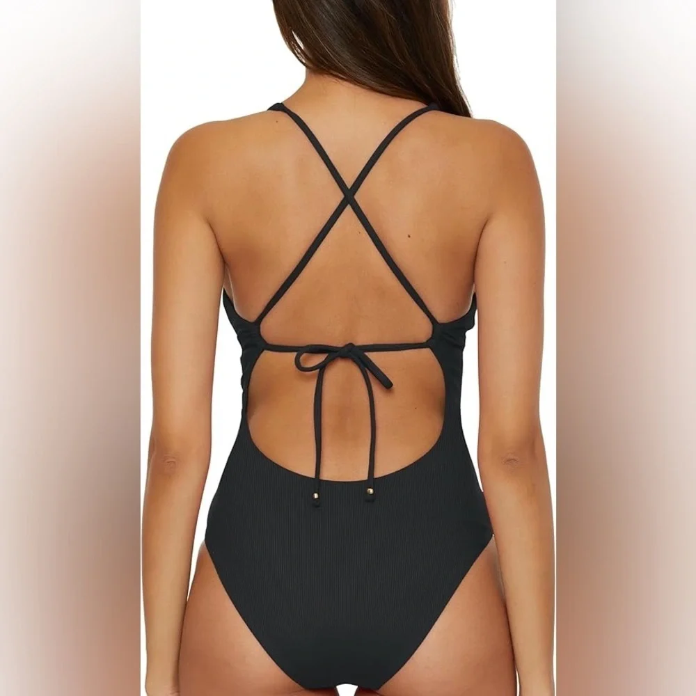 BECCA Women's Modern Edge One Piece Swimsuit, Plunge Neck, Adjustable, Tie Back